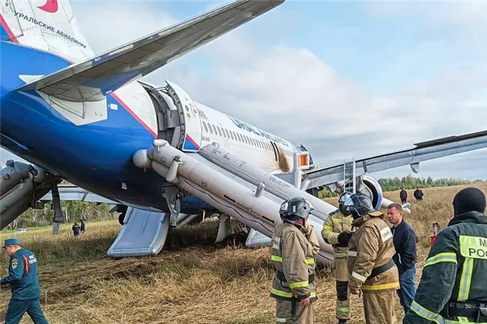 На месте аварийной посадки самолета А320 авиакомпании Уральские авиалинии в Новосибирской области, 12 сентября 2023 года